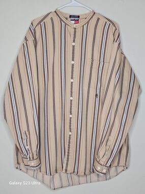 Tommy Hilfiger Beige Striped Button-Down Shirt with Navy & White Accents XL